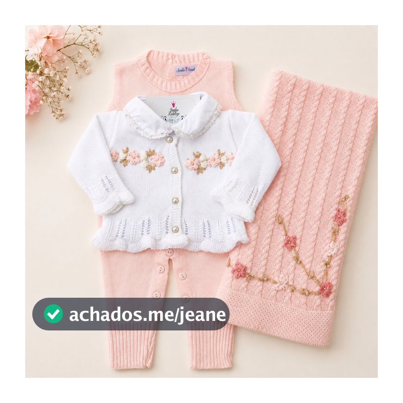 Saída Maternidade Bebê Menina Tricô Luxo 3 Peças Angélica RN Bordado a Mão Rosa