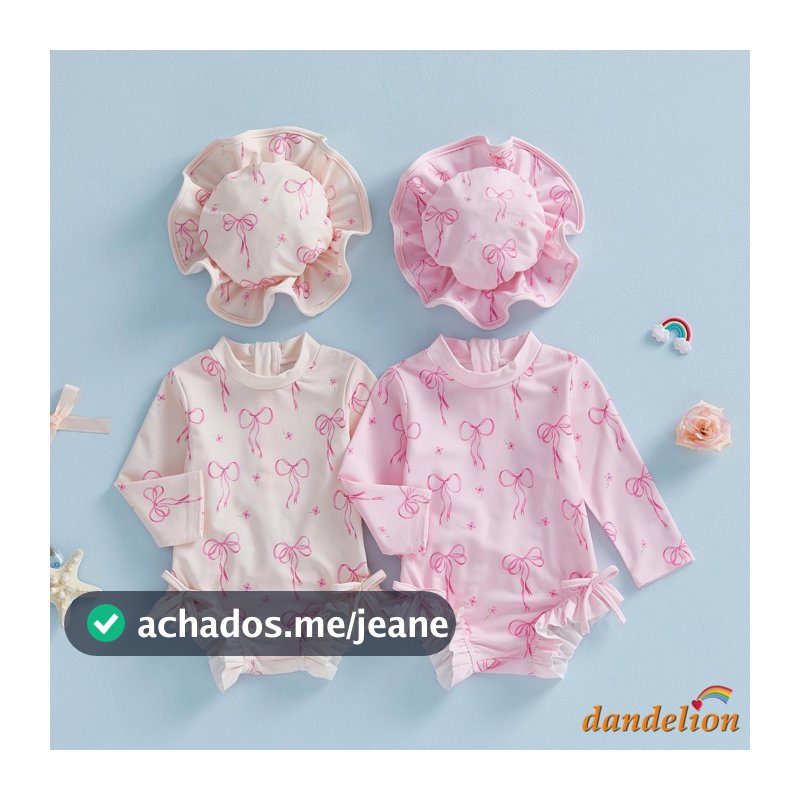 3 Meses A 3 Anos Bebê Menina Rash Guard Maiô Arco Impressão Manga Longa Em Torno Do Pescoço Plissado Macacão E Chapéu Pa