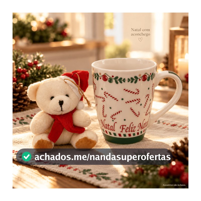 Kit Caneca + Pelúcia de Natal Presente de Natal Caneca Cerâmica 300ml Ursinho Natalino