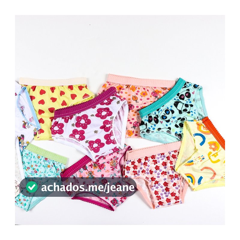 Kit 5 calcinhas infantil meninas algodão modelagem tradicional estampas variadas elástico trabalhado cós conforto