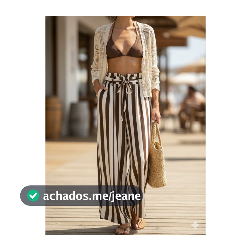 Calça Feminina Listrada Azul e Branco e Marrom e Bege. Perfeita para o Fim de Ano Férias Praia Verão
