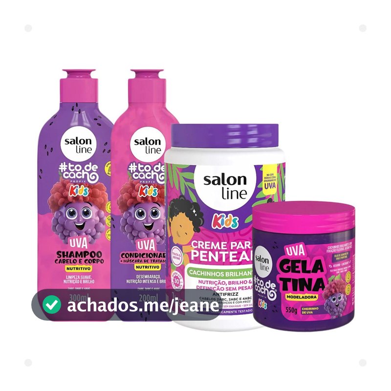 Kit Salon Line Kids: Shampoo e Condicionador + Creme para Pentear 1kg e Gelatina Modeladora Uva