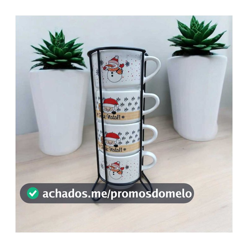 Jogo De 4 Xicaras Café Chá Porcelana Feliz Natal Com Suporte de Metal