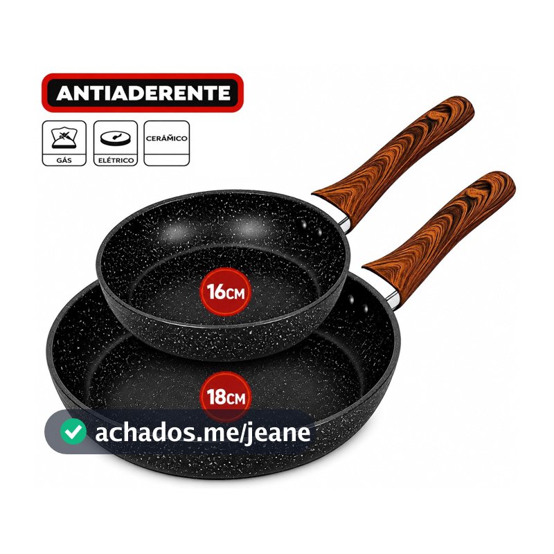 2/1 Frigideira 16 e 18cm Granito Antiaderente de Alumínio Revestimento Cerâmico Premium Cabo Madeira