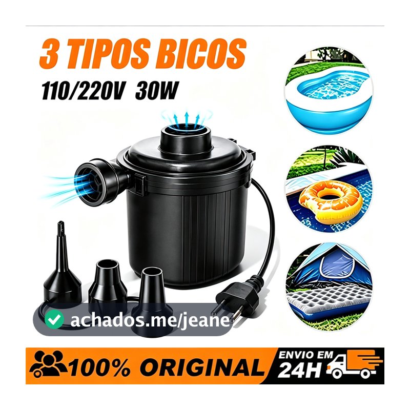 Bomba Elétrica Portátil para Inflar e Esvaziar Colchão, Boia e Piscina 3 Bicos
