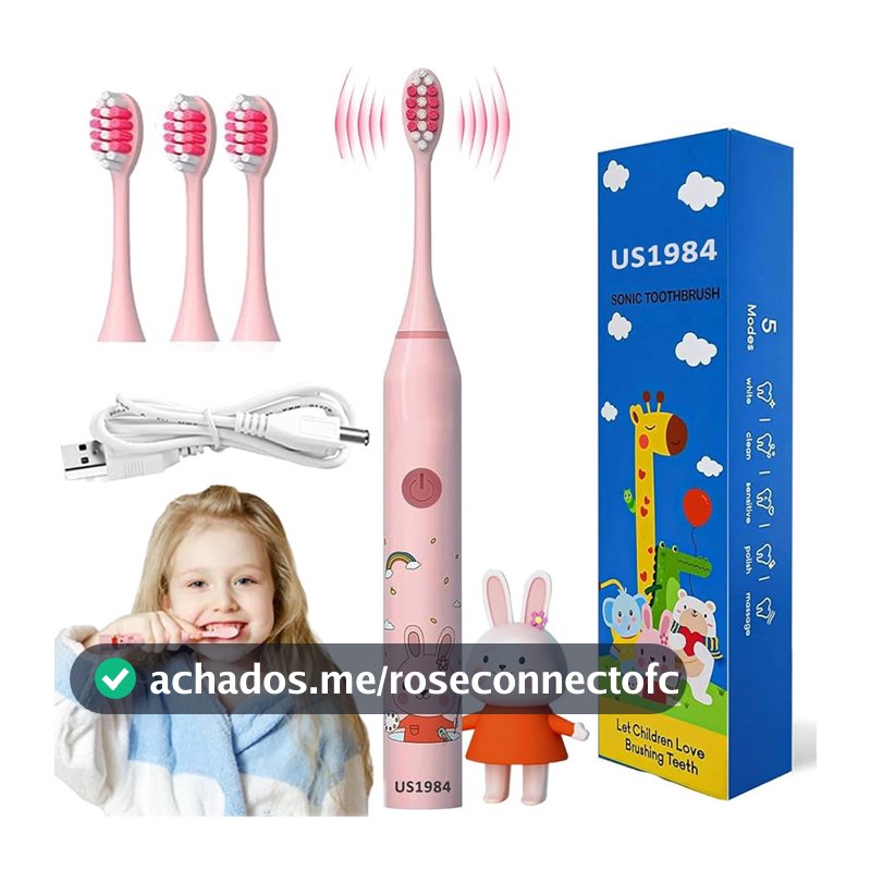 Escova Elétrica Infantil USB + 4 Cabeças Remove Placa Cerdas Macias Recarregável IPX7 Sônica Bucal