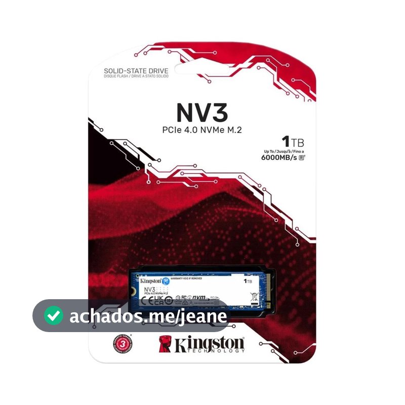 SSD Kingston NV3, 1 TB, M.2 2280, PCIe 4.0 x4, NVMe, Leitura: 6000 MB/s, Gravação: 4000 MB/s, Azul - SNV3S/1000G
