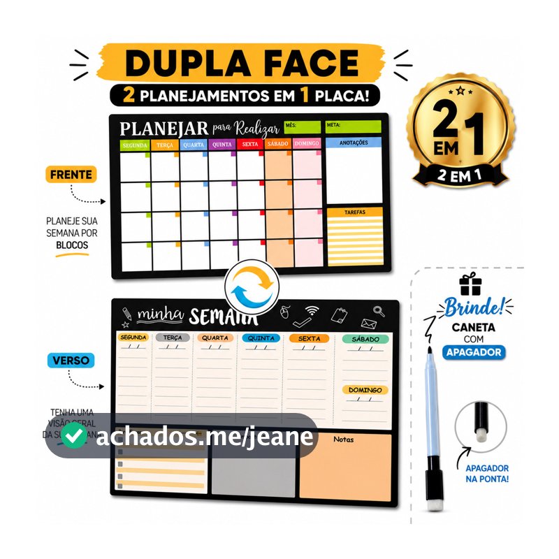 Planner Semanal Dupla Face 40x30 MDF Premium Apagável Quadro Organizador Branco Caneta com Apagador