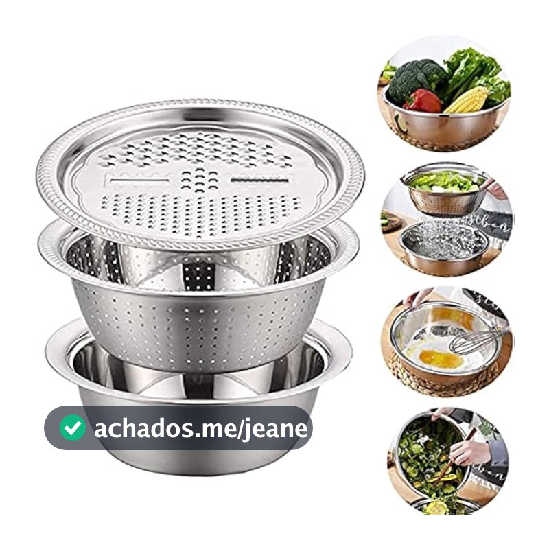 Kit 3 Em 1 Ralador Fatiador Bacia Inox Tigela Saladeira Escorredor Diâmetro 24/26 cm