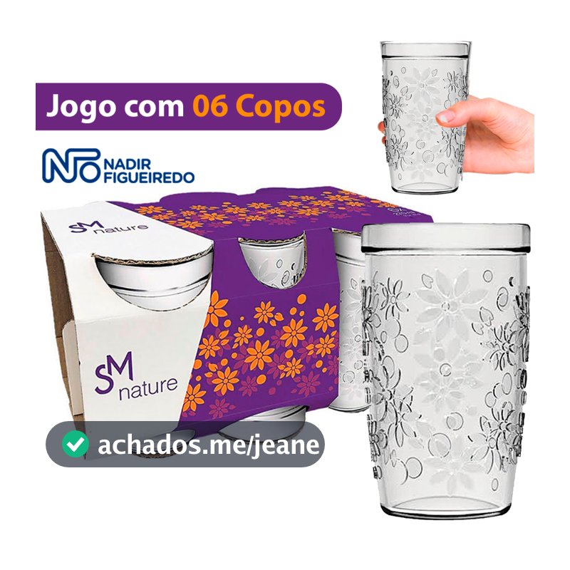Kit jogo de Copos Nature 6 Peças de copo de vidro 270ml  coisas de casa conjunto de copo Nadir figueredo