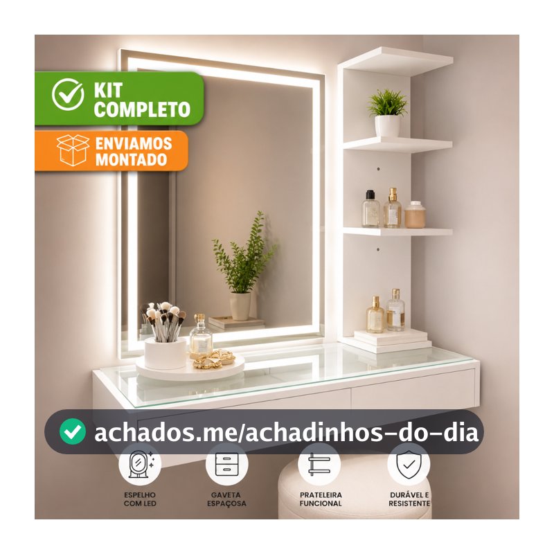 Kit Penteadeira de Vidro com Espelho LED e Prateleira Organizadora Premium Camarim Maquiagem Gaveta Suspensa