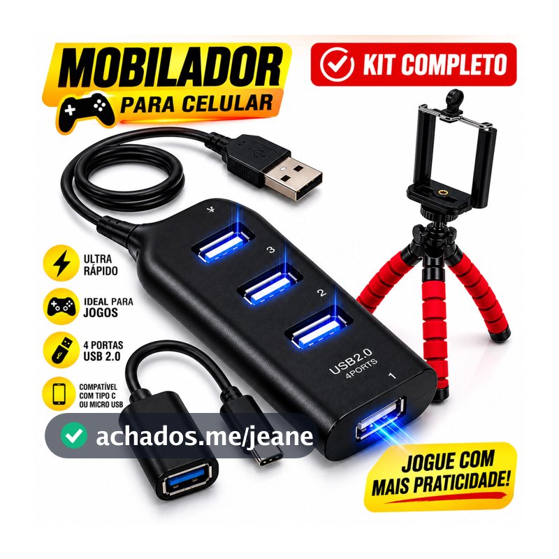Mobilador Para Celular Com Hub Usb 4 Portas 2.0 Suporte Tripe Adaptador Otg Tipo C Ou Micro Usb Ultra Rapido Gamer