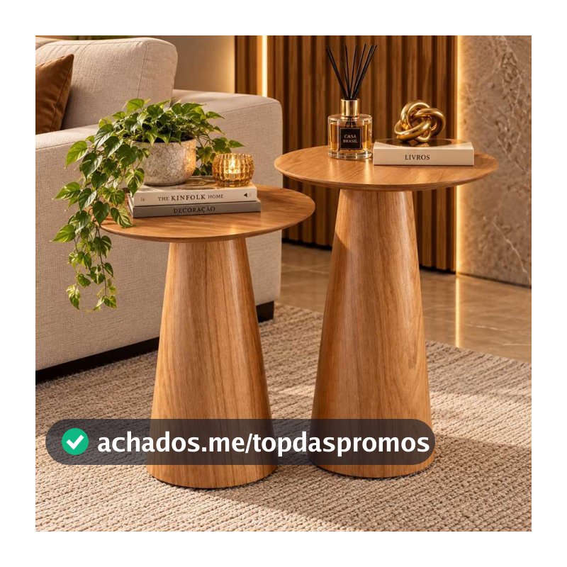 Kit 2 Mesas Laterais Sofá Cone Lâmina De Madeira Natural