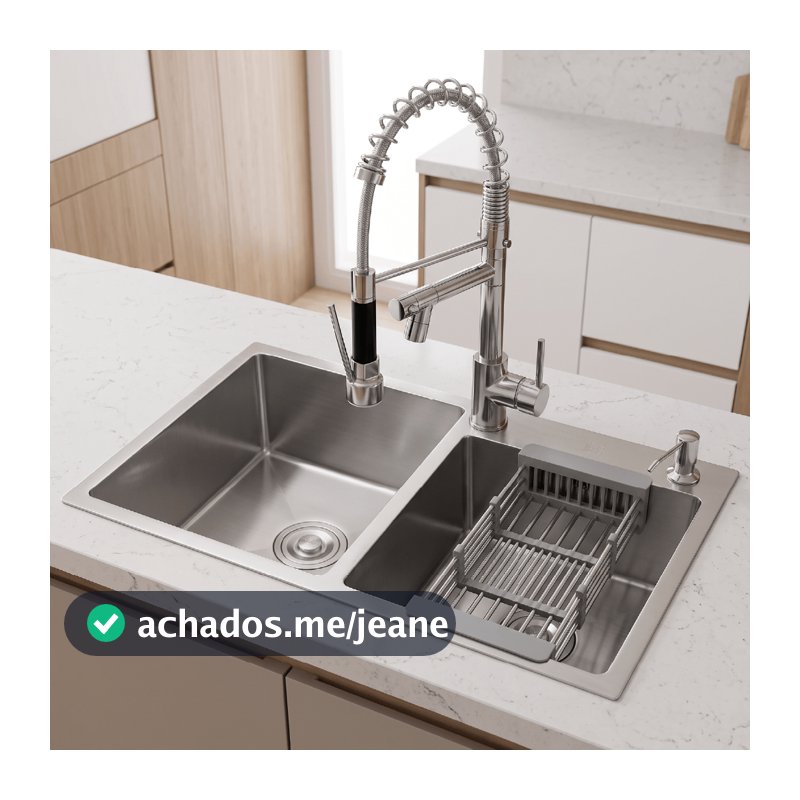 Cuba Dupla Quadrada Gourmet Aço Inox 78x43cm Cozinha Com Torneira Spray de Bancada Escorredor Retrátil Dispenser