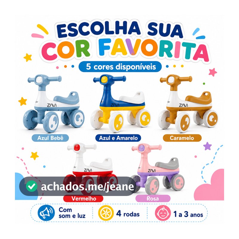 Bicicleta De Equilíbrio Infantil 4 Rodas Sem Pedal Com Luz E Som Bebê 1 a 3 Anos