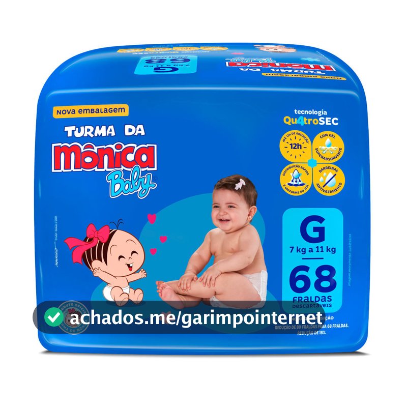 Fralda Turma da Mônica Baby Qu4troSEC Tamanho G 68 Unidades Descartáveis