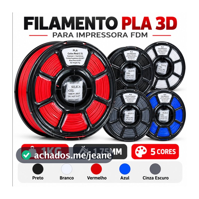Bobina Filamento PLA 1,75mm 1kg 330 Metros para Impressão 3D FDM Preto Branco Vermelho Azul Cinza