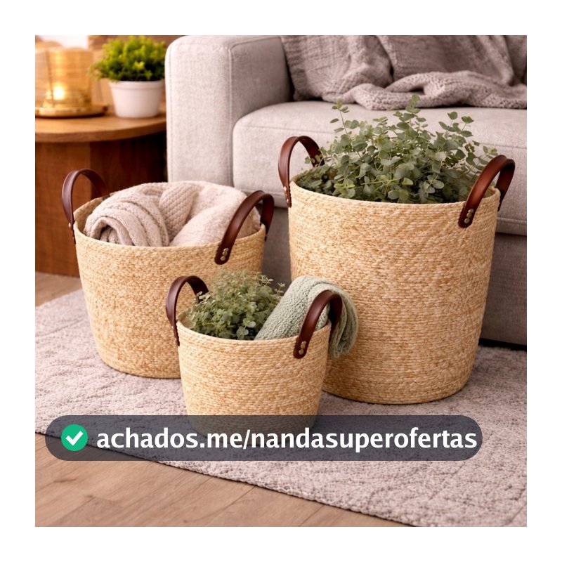 Cesto Organizador Fibra Natural com Alça 33x28cm Cor Moccá Decorativo Boho Multiuso