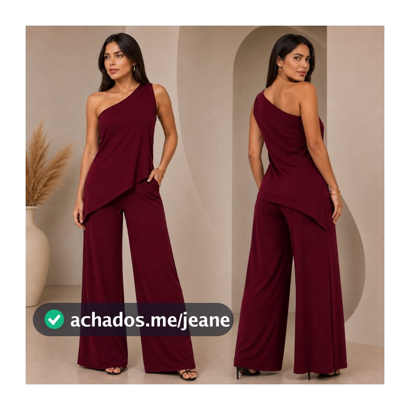 Conjunto Feminino Uma Alça Social Nula Manga Duna Elegante Blusa Assimétrico Mula Manca e Calça Pantalona Outono Inverno