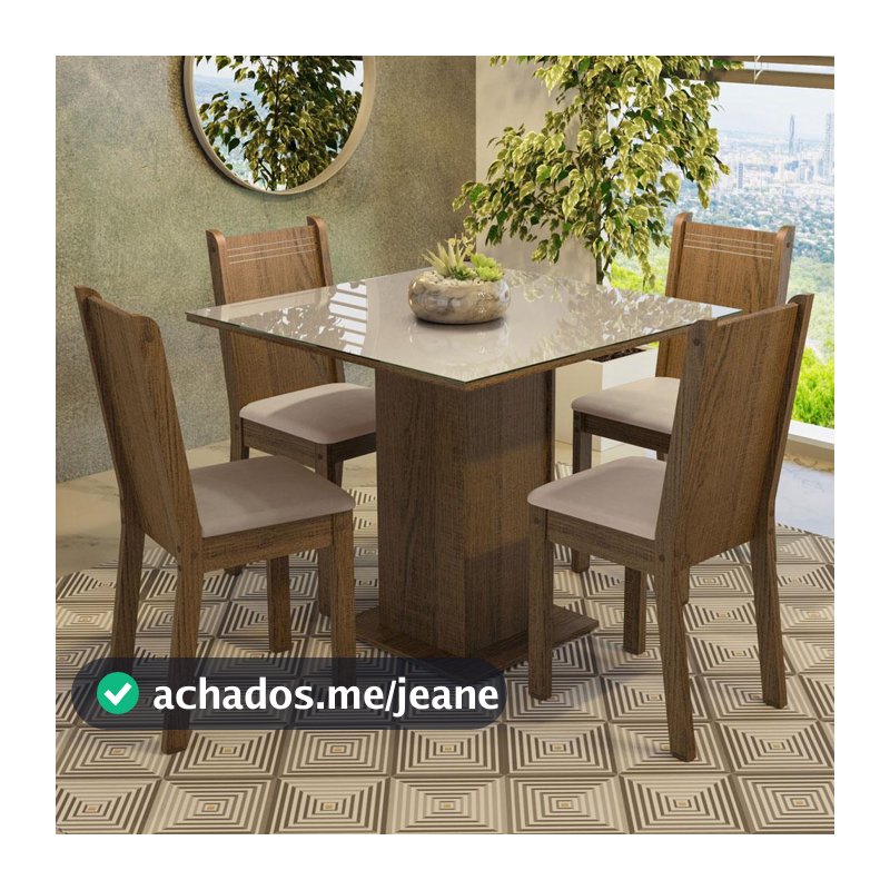 Conjunto Sala de Jantar Mesa Tampo de Vidro 4 Cadeiras Rustic/Crema/Sintético Bege Perla Madesa