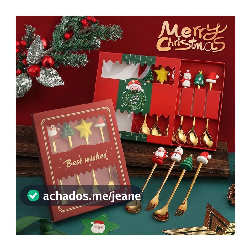 Jogo 4 Talheres Luxo de Natal Figuras Natalinas Aço Inox Dourado 2 Garfos / 2 Colheres- Embalagem Presenteáveis Natal