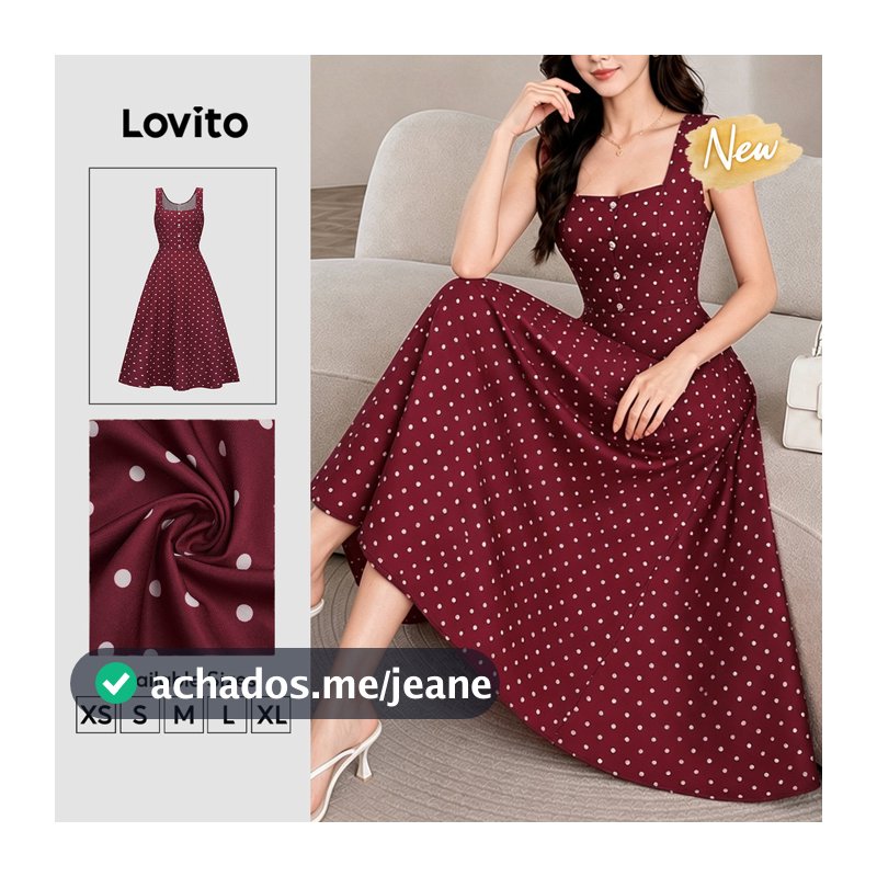 (New Arrival) Lovito Vestido Feminino Elegante Bordado Com Bolinhas Botões Barra Com Babados Aline Verão E Natal Vinho DRB205P2D024