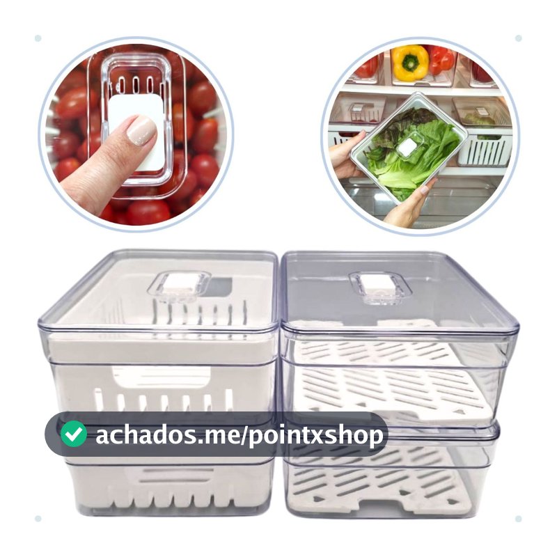 Kit com 4 Organizadores de Geladeira com Tela/Cesto e Tampa com Controle de Ventilação - 2 Litros