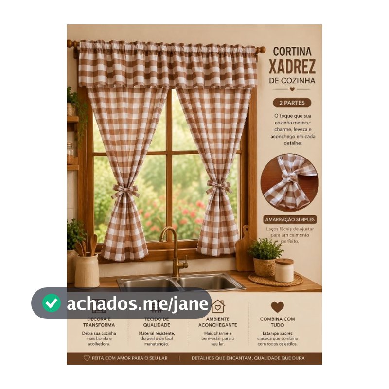 Cortina para Cozinha com Bandô e Amarração – Modelo Xadrez Decorativo