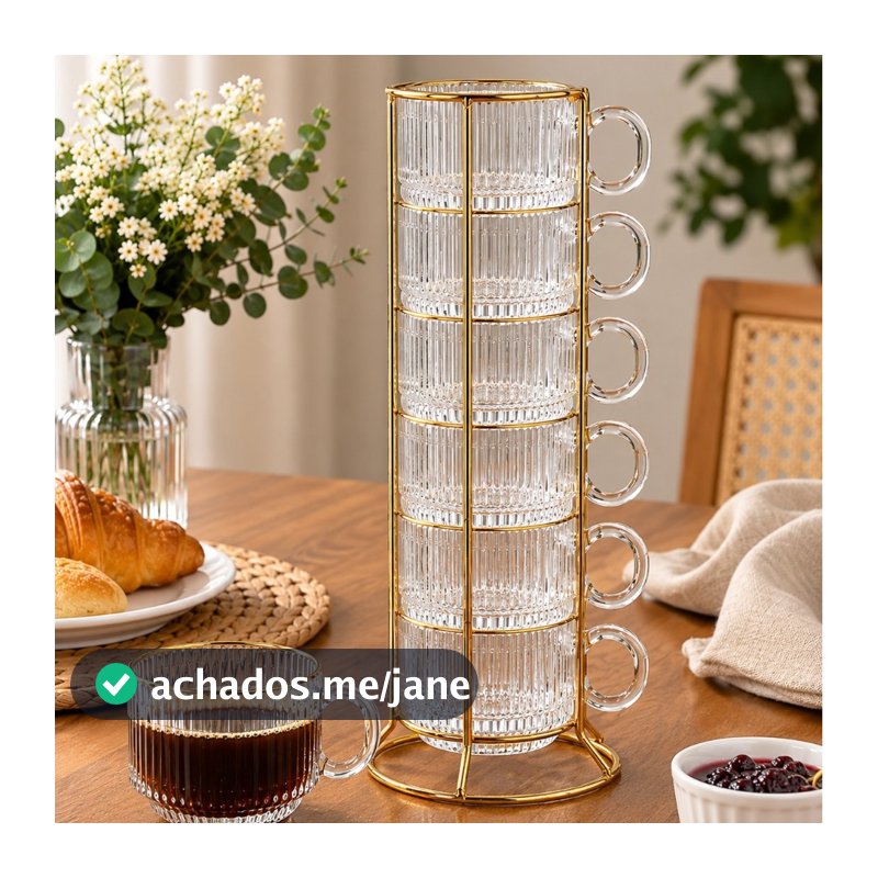 Jogo 6 Xícaras de Café 90ml de Cristal Graffiato com Borda Dourada e Suporte