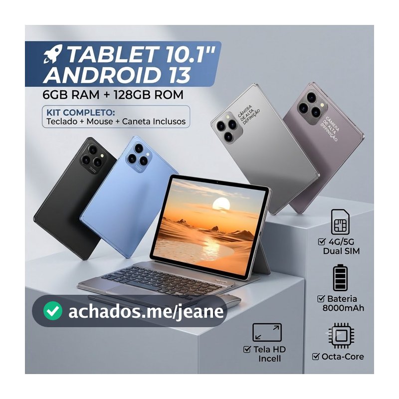 Tablet 10.1" Android 13 6GB+128GB 4G/5G Dual Chip Teclado Mouse Caneta Touch