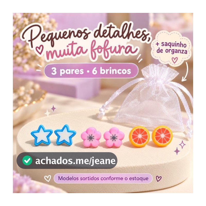 Kit 3 Pares de Brincos Infantis Coloridos Fofos Sortidos + Saquinho de Organza