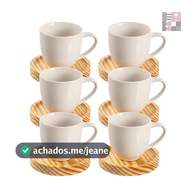 Jogo de Xícaras em Porcelana Café Expresso - 12 Peças Pires em Madeira (6 xícaras 80 ML + 6 pires)