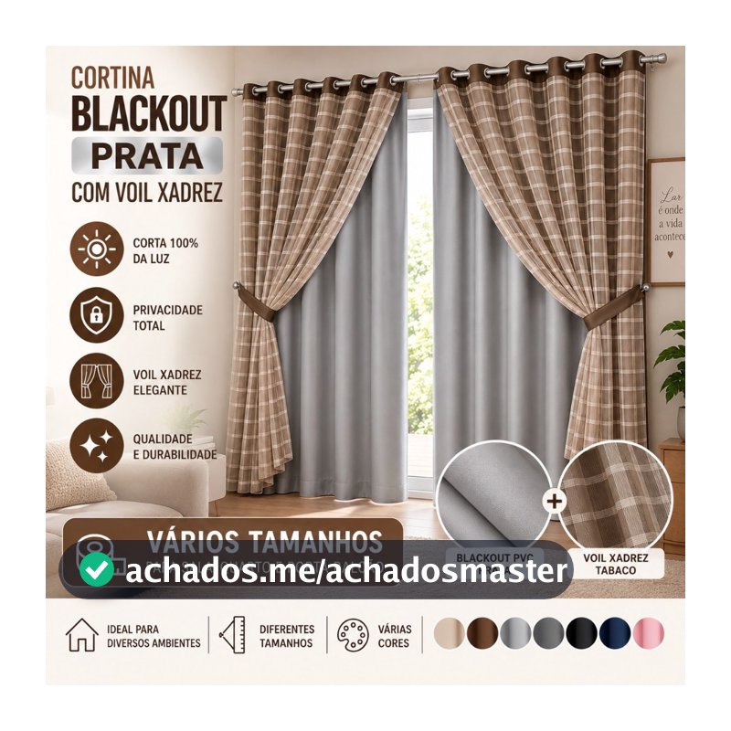 Cortina Blackout Prata com Voil Xadrez – Vários Tamanhos e Cores para Sala, Quarto e Porta-Balcão