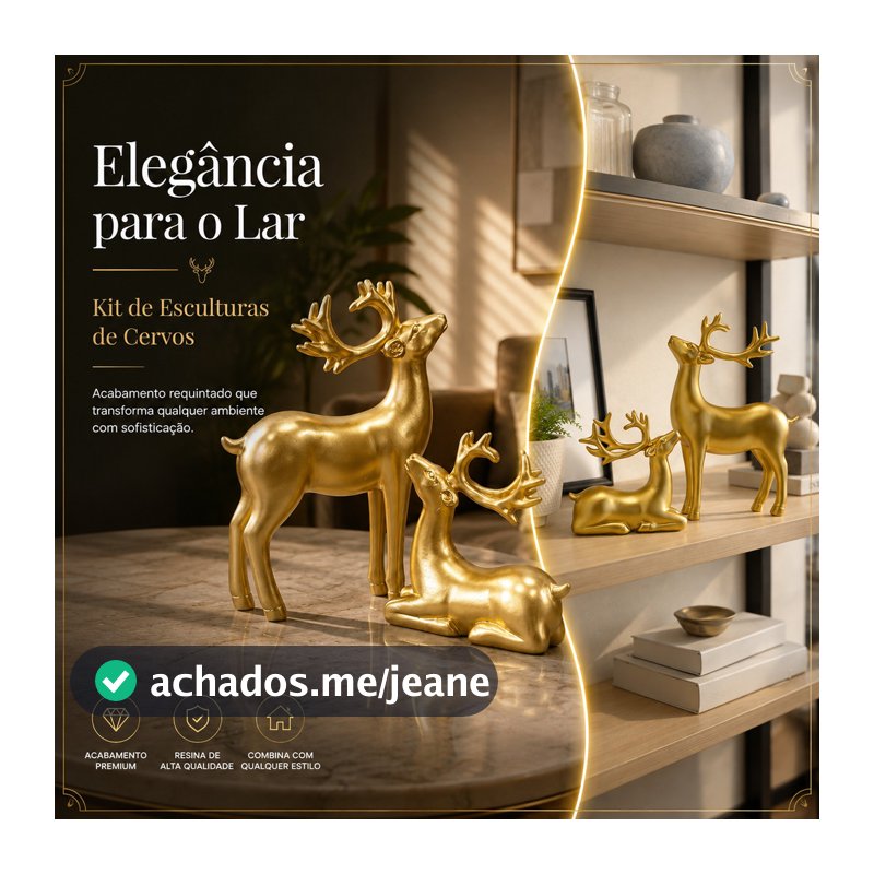 Par De Cervos Decorativos Dourados Resina Sorte 2 Peças