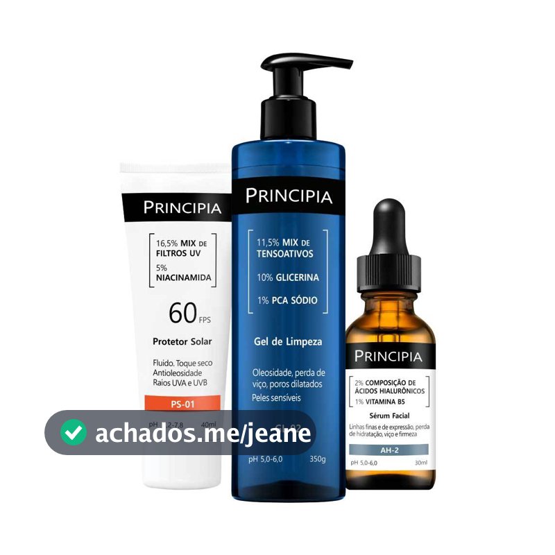 Principia Kit Primeira Rotina de Skincare c/ Gel de Limpeza GL-02 + Sérum Hialurônicos AH-2 + Protetor Solar PS-01 FPS60