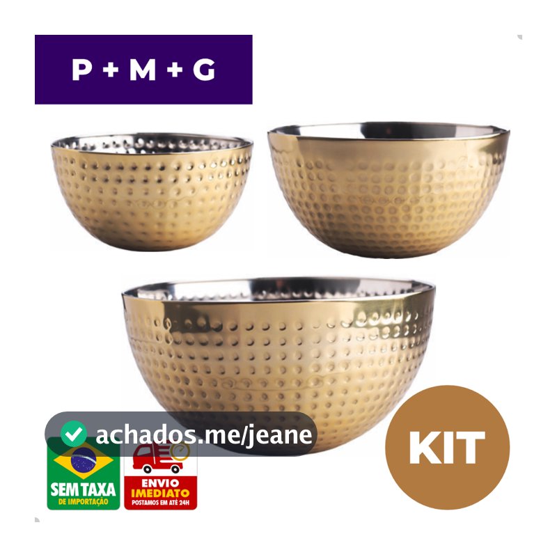 Jogo 3 Saladeiras Marteladas Inox 3,9L P M G Elegante Prata Dourado Em Casa Tem