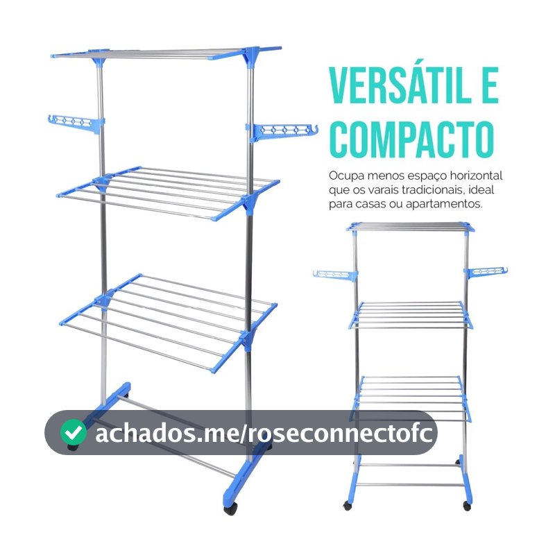 Varal De Roupa Dobrável Torre 3 Andares Com Rodas Aço Inox Vertical Azul Umbrella