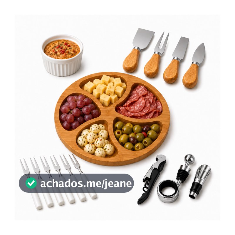 Kit Petisqueira Redonda 5 Divisórias com 4 Facas para Queijo, 4 Acessórios para Vinho, Ramekin Molheira e 6 Garfinhos
