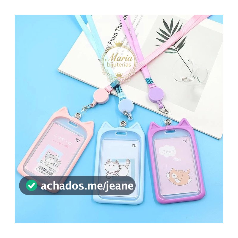Porta cartão crachá com cordão Orelha de Gato e Coelho Suporte de plástico para cartão retrátil