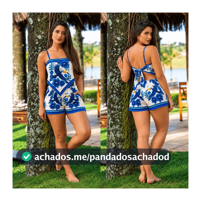 Conjunto Feminino Verão Cropped Lenço e Short Tactel Estampado Tropical Praia 2026