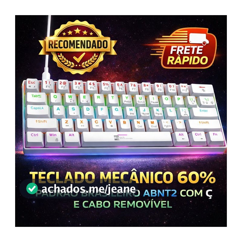 Teclado Gamer Mecânico 60% Switch Azul Profissional Cabo Removível USB Portugues ABNT2 Branco