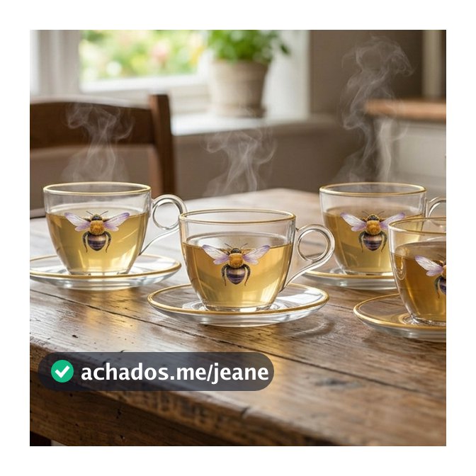 Jogo de 4 Xícaras com Pires de Vidro para Chá e Café Borda Dourada HoneyBee 170ml Hauskraft