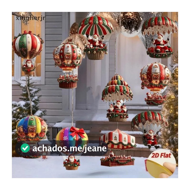 Xjbr 10 Peças Balão De Ar Quente De Madeira De Natal Papai Noel 2D Pingente Plano Decoração De Árvore Perfeita De Presen