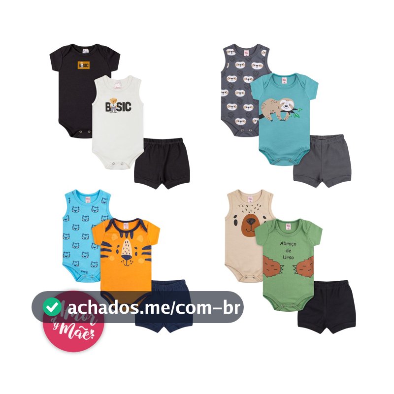 Kit 9 Peças Body Bebê Verão Manga Curta Regata Shorts Masculino P ao GG algodão