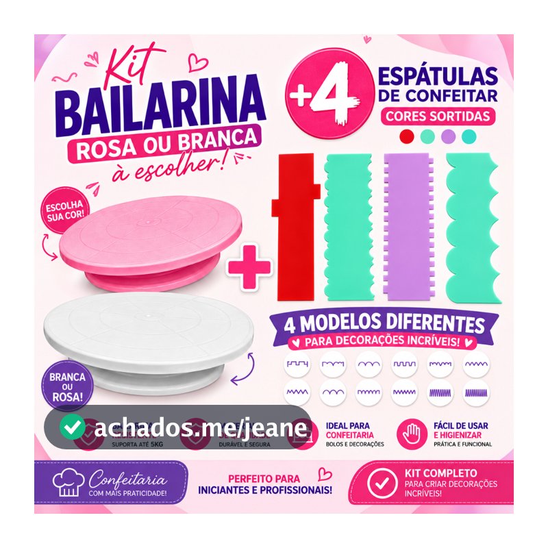 Kit Bailarina Giratória 30cm + 4 Espátulas Sortidas 12 Desenhos Para Confeitaria e Bolos e Doces Kit