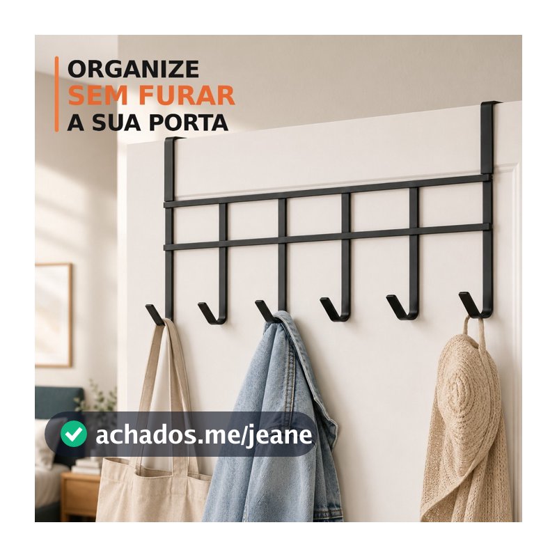 Suporte Cabide Para Porta 6 Ganchos Pendurar 45x17cm Organizador Multiuso Quarto Banheiro Cozinha