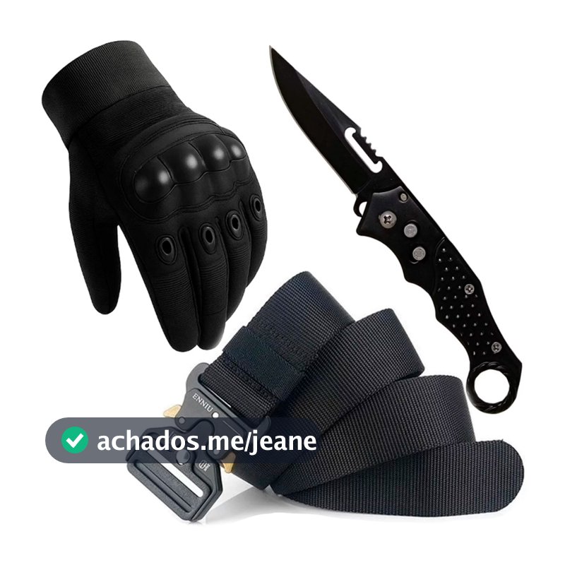 Kit Tático Militar 3 em 1 – Luva + Cinto + Canivete Dobrável