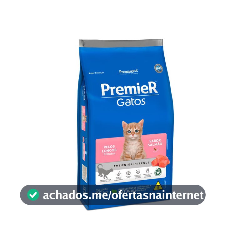 Ração Premier Ambientes Internos Gatos Filhotes Pelos Longos Sabor Salmão 7,5kg