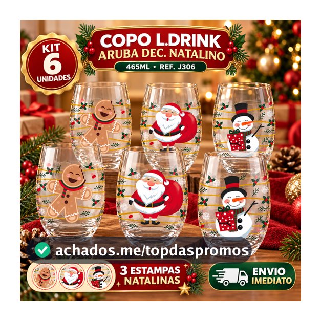 Jogo de Copos Long Drink Natal Aruba 465ml Nadir Vidro Decorado Natalino Ceia Festa Presente Kit 6 Unidades