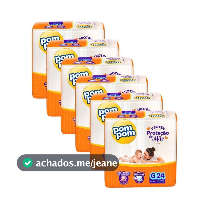 Fralda Descartável Pom Pom Derma Protek Jumbo Tamanho G - 6 Pacotes com 24 Fraldas - Total 144 Tiras